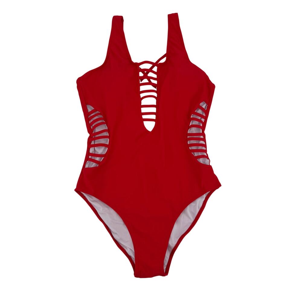 Aqua Eve Womens XL Red Plunge V Neck Sexy Cut Out One Piece Swimsuit NWT - Picture 1 of 7